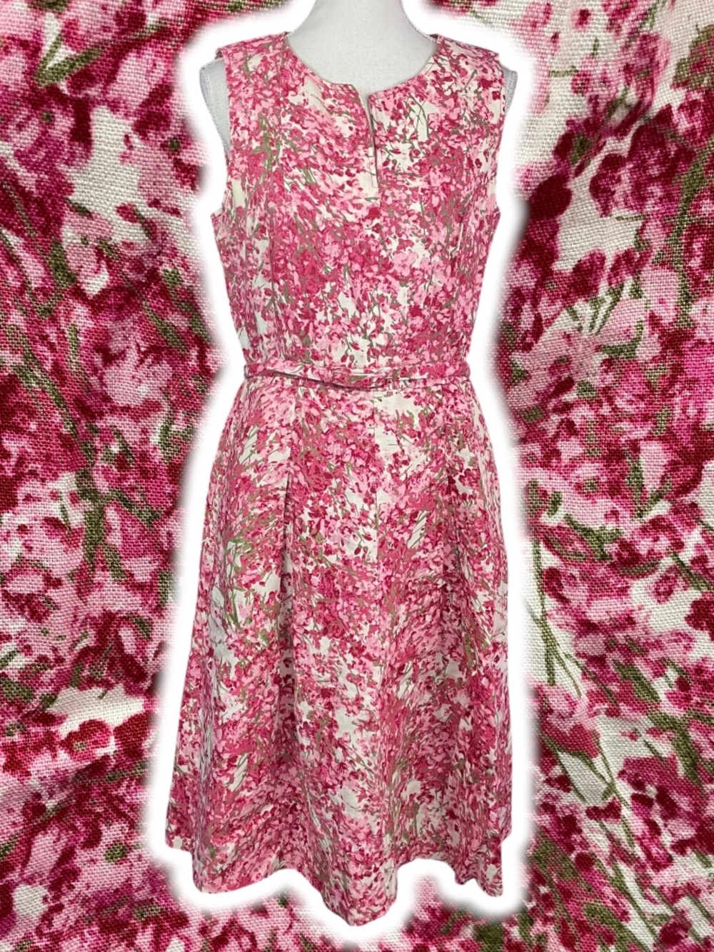 100% Linen Floral Tea Dress 10 Pink Ditsy Calico A-Line Sleeveless Midi Talbots